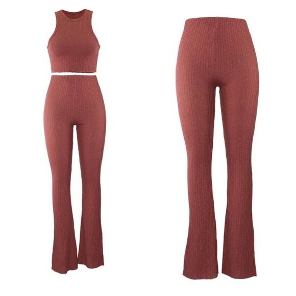 NEW Ribbed knit flared pants high waisted long rust Cotton Blend by AGRADE - Picture 3 of 5